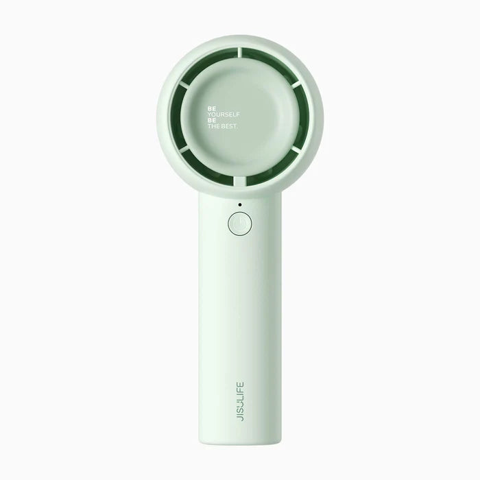 Mint green handheld fan with a simple design, featuring a circular fan head and the slogan "BE YOURSELF BE THE BEST." The fan is easy to carry and perfect for personal cooling.