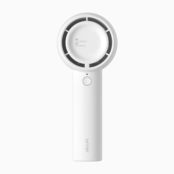 White handheld fan featuring a sleek design with a circular fan head and the motivational phrase "BE YOURSELF BE THE BEST." Ideal for personal cooling, this fan is both stylish and functional.