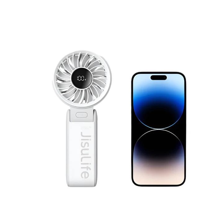 Jisulife portable fan with dimensions displayed alongside a smartphone for size comparison.