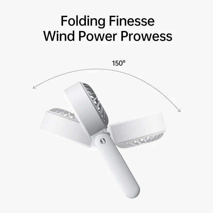 Jisulife portable fan demonstrating its 150-degree folding capability for adjustable airflow.