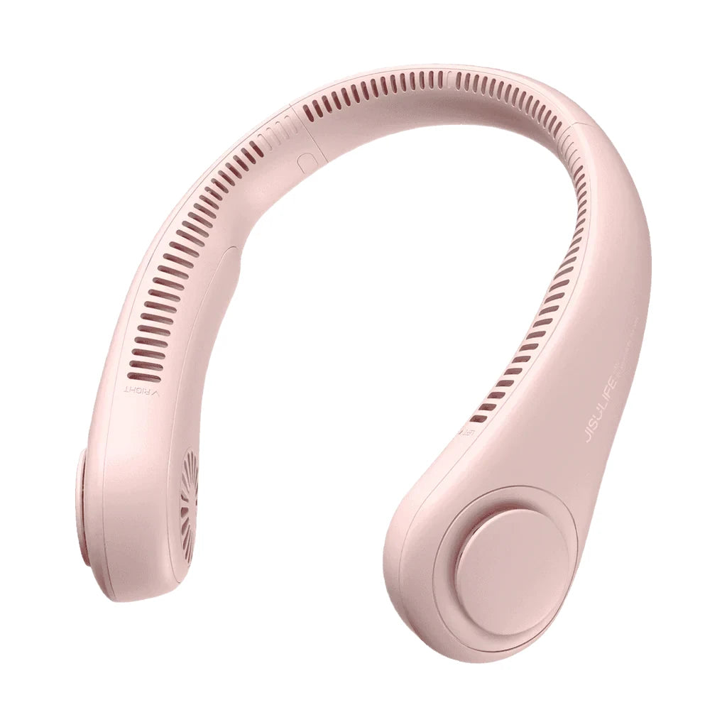 Elegant pink JisuLife wearable neck fan featuring a bladeless design with 360-degree air vents, providing quiet and efficient hands-free cooling with a stylish and comfortable fit.