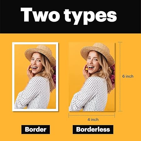 This image showcases two types of photo prints: one with a border and one without (borderless). The border photo has a white edge around the image, while the borderless photo spans the full dimensions of 4x6 inches, offering a clean edge-to-edge look. Let me know how you'd like to use this description!