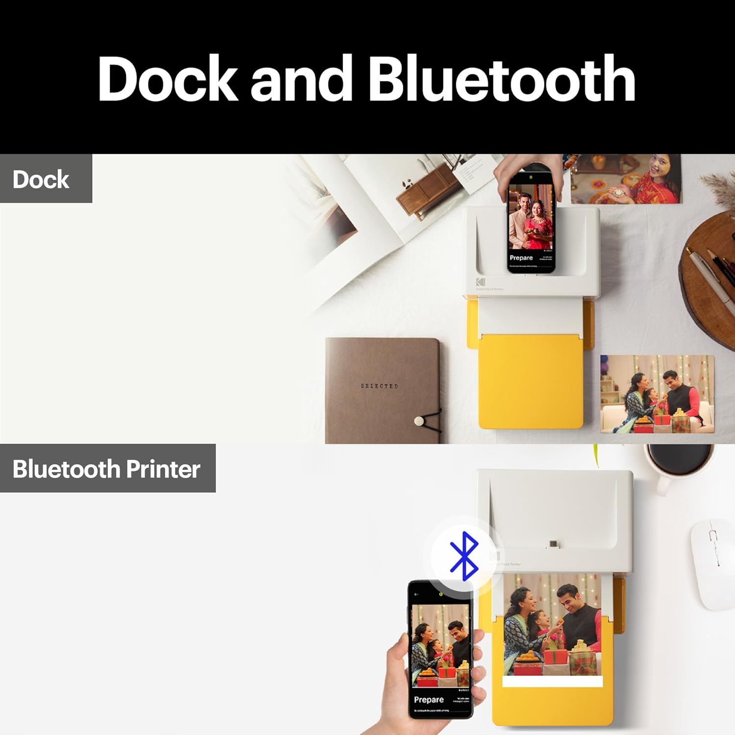 This image demonstrates the versatility of the printer, offering both docking capabilities for instant connection and Bluetooth functionality for wireless printing, catering to diverse user preferences and devices.