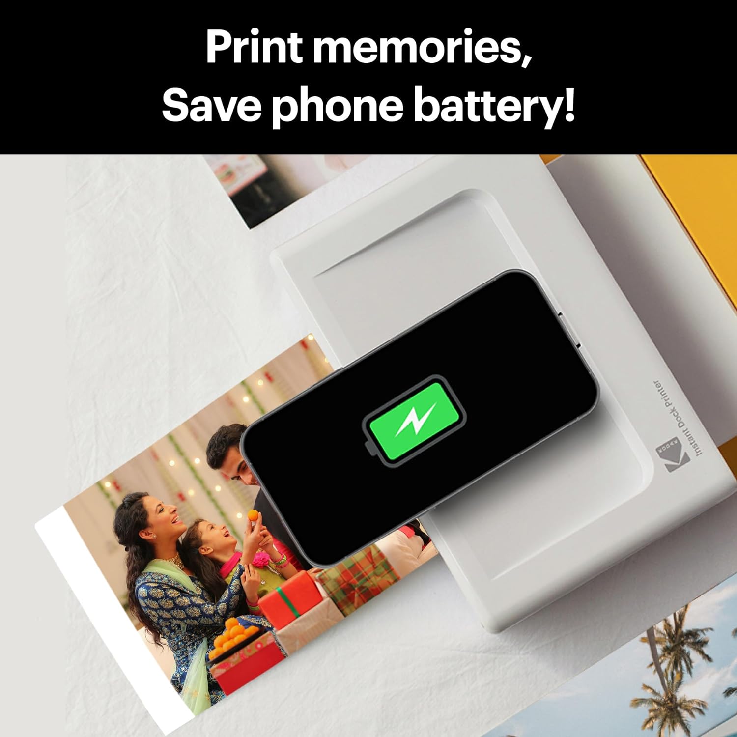 This image highlights a compact printer that allows users to print cherished memories while simultaneously conserving phone battery, showcasing its convenience and efficiency for on-the-go use. Let me know if you need further details!