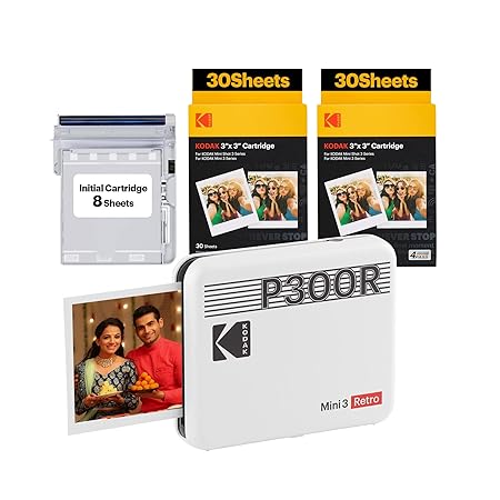 Compact photo printer bundle including a sleek printer, initial photo cartridge, additional cartridge packs, and a sample photo print, highlighting instant photo printing convenience.