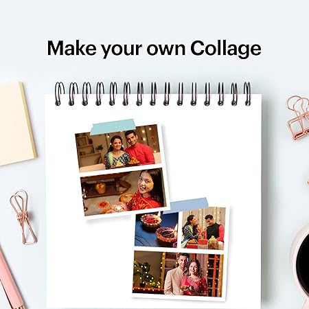 The image showcases a spiral notebook featuring printed photo collages, emphasizing creativity and personalization with a "Make your own Collage" theme.