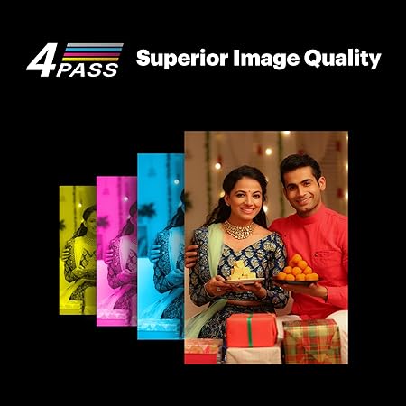 The image highlights Kodak's 4PASS technology, showcasing a vivid print created through a multi-layer process for superior image quality, featuring a couple holding festive treats.