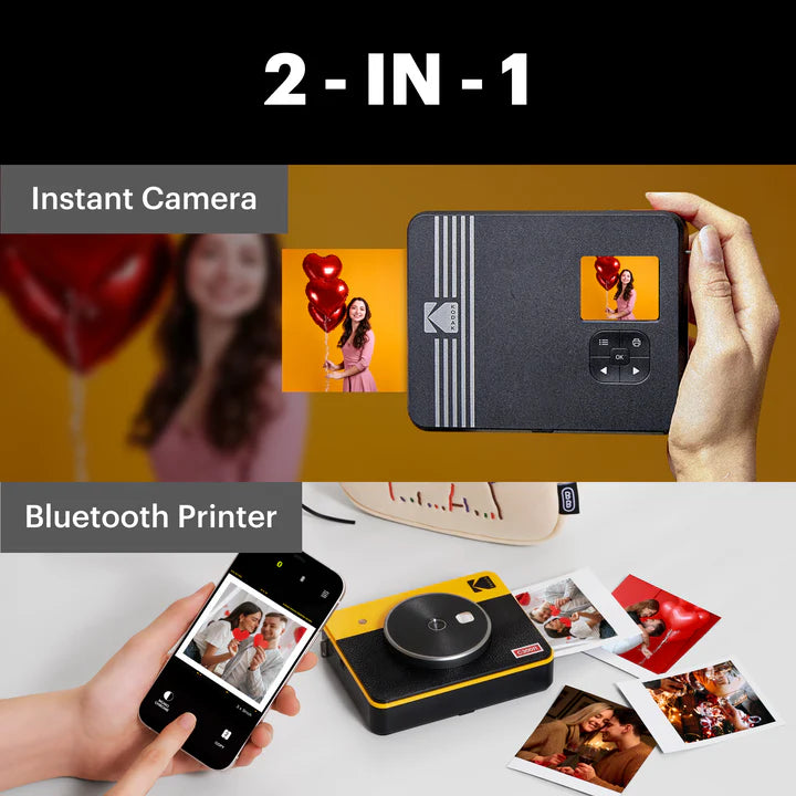 A Kodak 2-in-1 device functions as both an instant camera, capturing and printing photos directly, and a Bluetooth printer, allowing users to print images wirelessly from their smartphones.