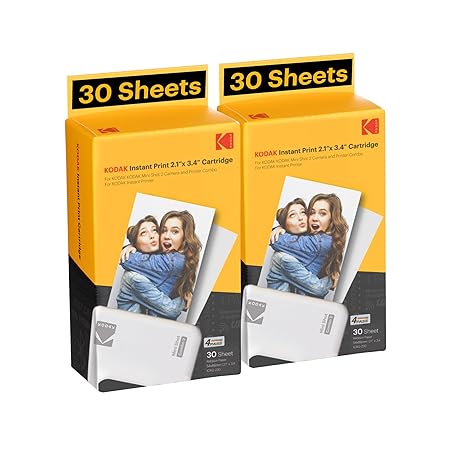 The image shows two Kodak Instant Print 2.1"x3.4" Cartridge packs, each containing 30 sheets, designed for Kodak Mini Shot 2 Cameras and Photo Printers, ideal for creating vibrant and detailed prints.
