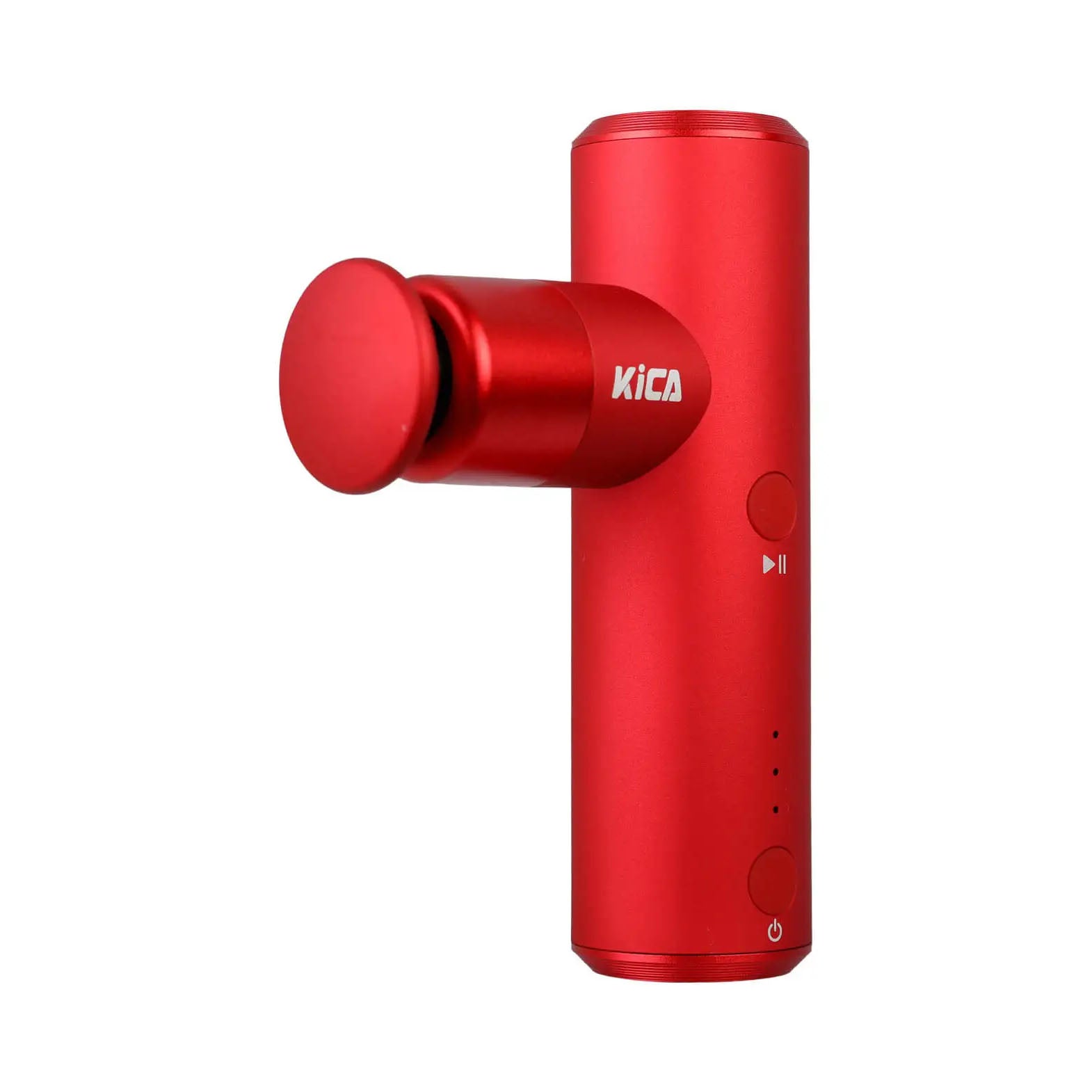 A red Kica Mini massage gun with a cylindrical body and a round massage head. The device has a sleek, compact design with a power button at the bottom, a play/pause button in the middle, and an LED indicator for battery status. The Kica branding is prominently displayed on the side. The massage gun is designed for easy handheld use, providing portable muscle relief.