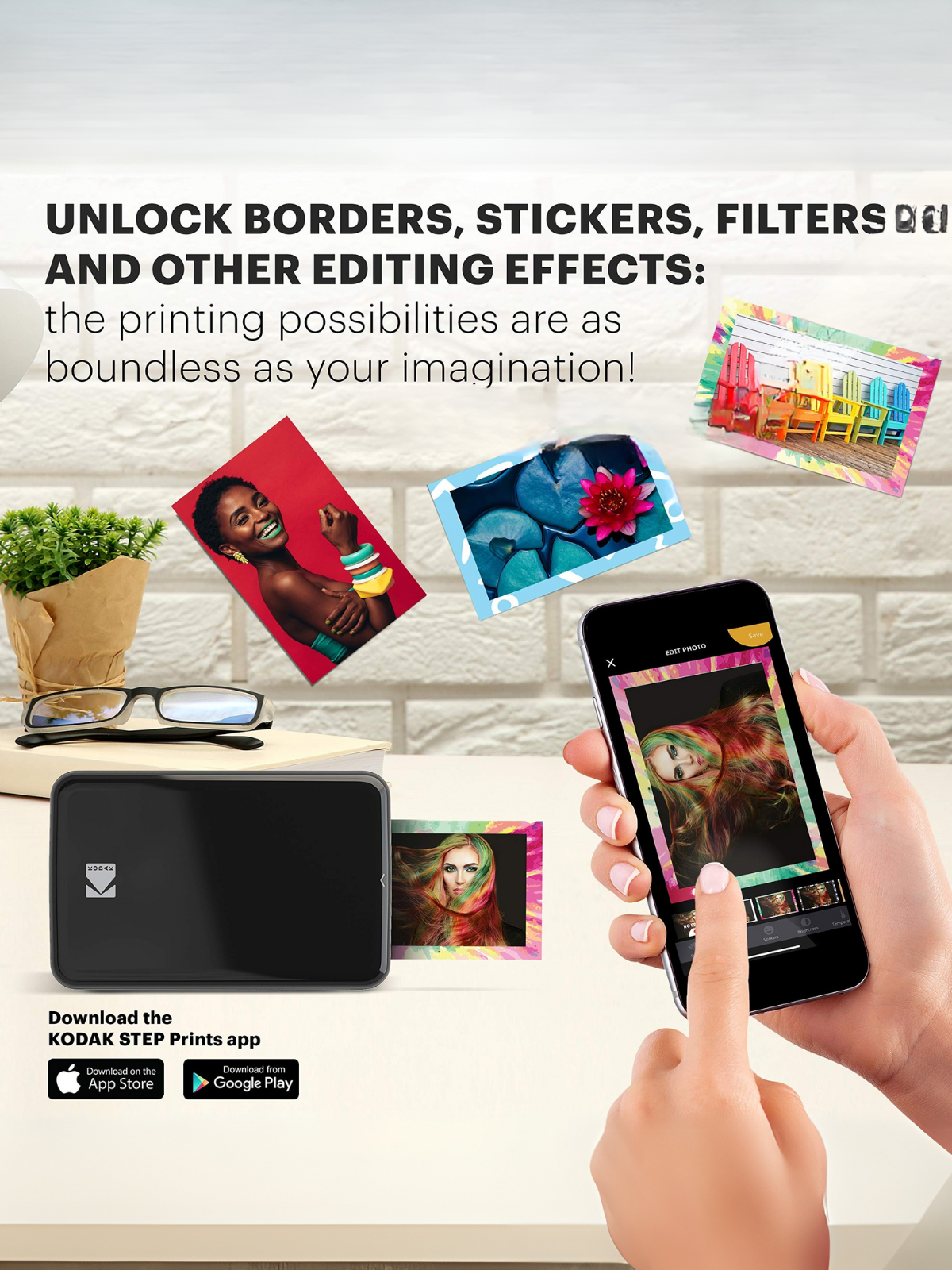 Kodak Step printer and mobile app interface showcasing creative photo editing features such as borders, stickers, and filters, enabling personalized and vibrant photo prints for limitless customization.