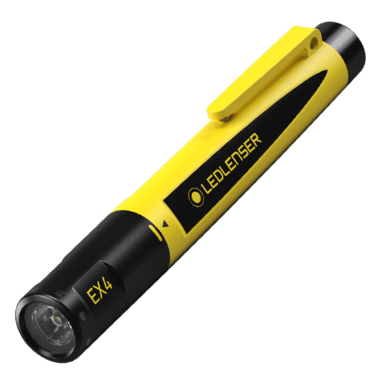 LED Lenser EX4 intrinsically safe flashlight, ideal for hazardous environments, featuring a durable yellow and black design with a clip for easy portability.