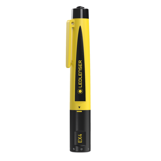  A yellow and black LED Lenser EX4 penlight. The penlight features a pocket clip for convenient carrying, with the "LED LENSER" branding prominently displayed on the side. The model name "EX4" is printed near the base. The design is sleek and cylindrical, making it a portable and practical light source.