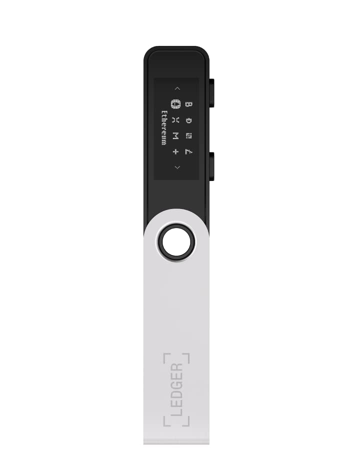 The image shows the Ledger Nano S Plus hardware wallet in a front-facing view. The device is fully open, displaying both the metal cover with the "Ledger" branding and the screen, which shows various cryptocurrency icons with "Ethereum" highlighted. The design is sleek and minimalist, combining a black body with a silver metal cover, which enhances its modern and secure appearance. The device's buttons are also visible on the side, used for navigating through the wallet's interface.