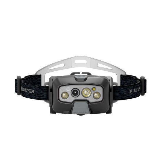 Front view of the LED Lenser HF8R Core headlamp, highlighting its advanced lighting system with multiple LEDs, a robust design, and adjustable head strap, ideal for outdoor and professional use.