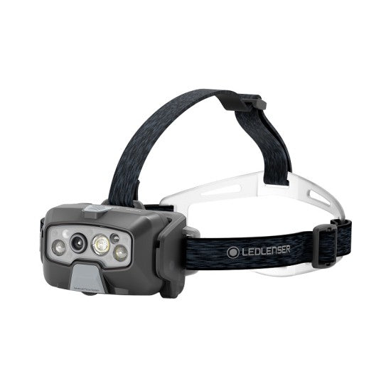 Clear product shot of the LED Lenser HF8R Core headlamp, showcasing its durable construction with an adjustable strap, multiple high-intensity LEDs, and ergonomic design for outdoor activities and professional use.