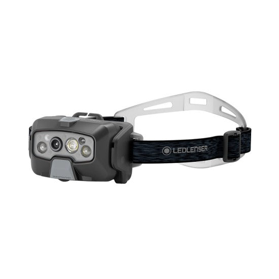 LED Lenser headlamp with multiple light settings and sensors, mounted on an adjustable headband for comfortable wear. This headlamp is ideal for outdoor activities, featuring a robust design and advanced illumination technology for optimal visibility in low-light conditions.