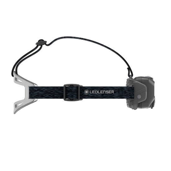 Side view of the LED Lenser headlamp showcasing the adjustable headband with a secure buckle and elastic cord for a snug fit. The headlamp is designed for outdoor activities and work, offering hands-free lighting with a lightweight and durable design. Ideal for adventures in low-light conditions.