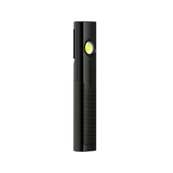 A sleek black LED penlight with a compact, rectangular design. The light features a round LED near the top and a textured grip area on the lower half for better handling. The penlight has a clip on the side for easy attachment and carrying.