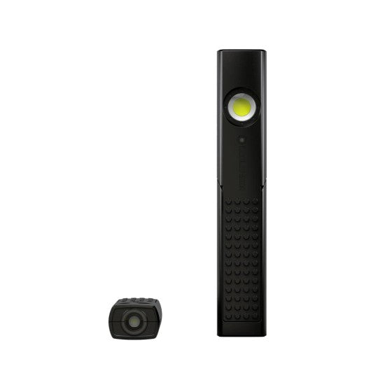  A sleek black LED penlight with a rectangular design and a round LED near the top. The lower half features a textured grip area for better handling. A clip is visible on the side for easy attachment. The image also includes a side view of the penlight showing the same LED configuration, providing a different perspective of the device.