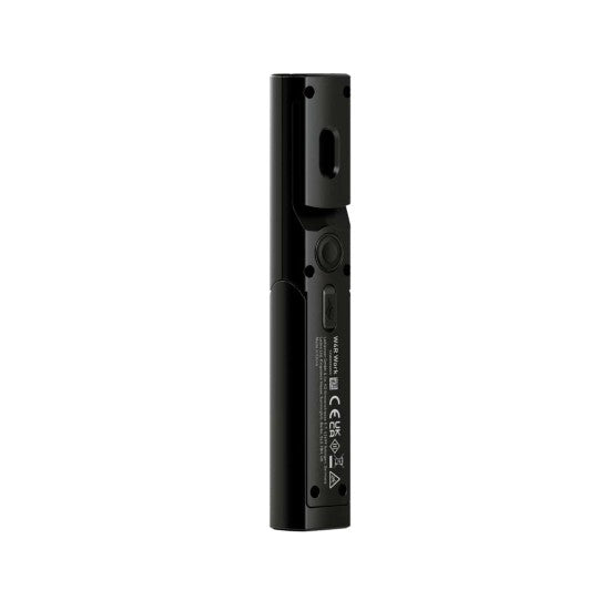  The back view of a sleek black LED penlight, showing various certification markings and a USB charging port. The penlight features a rectangular design with a textured grip area and a clip on the side for easy attachment. A button is visible near the top for operating the light.