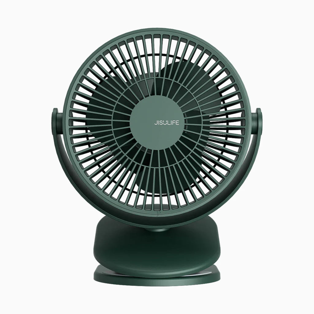 Front view of JISULIFE compact table fan in dark green.