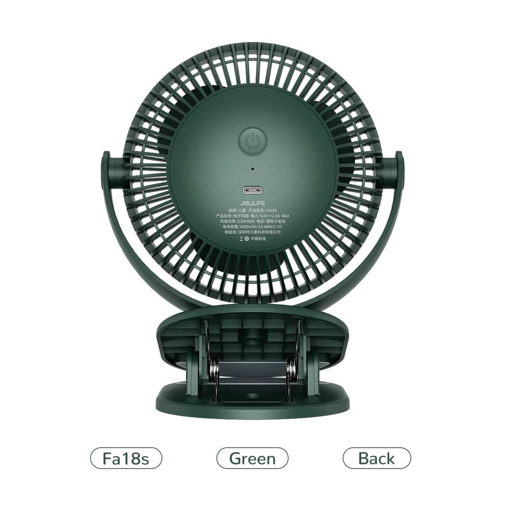 Here's a suitable alt text for the image: 

"Rear view of the JisuLife Fa18s handheld fan in green, showcasing the circular fan grille, power button, and USB charging port, with its compact and foldable stand visible below."