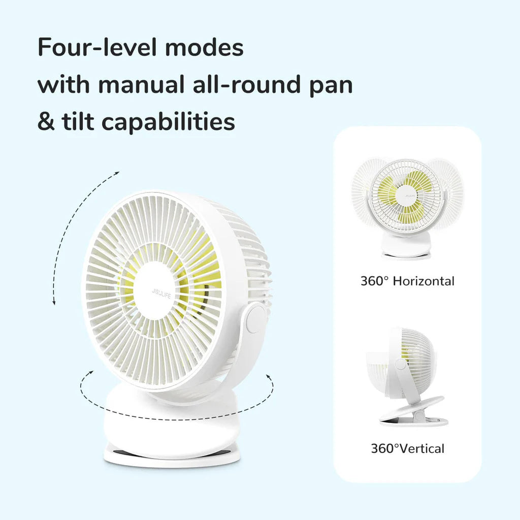 Portable fan with four-level modes, 360° horizontal and vertical manual pan and tilt adjustments for flexible airflow control.