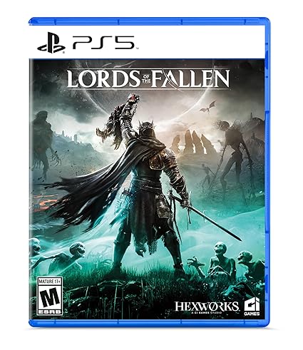 This is the PlayStation 5 cover art for *Lords of the Fallen*. It features a central character clad in dark, battle-worn armor, wielding a sword, and raising a magical artifact against a haunting, supernatural landscape. Shadowy skeletal figures and ominous misty mountains are visible in the background, reinforcing the game's dark fantasy theme. The *Lords of the Fallen* logo is prominently displayed at the top, with the Hexworks and CI Games logos in the bottom corner, along with the ESRB rating of "Mature