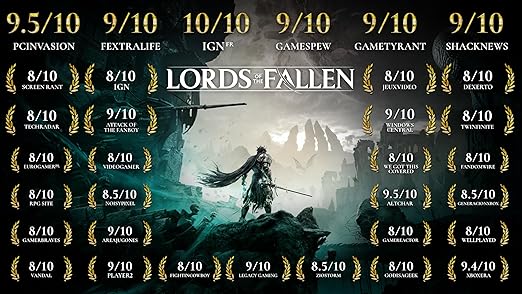 This promotional image for *Lords of the Fallen* highlights multiple impressive review scores from gaming publications and review platforms. The image prominently features a warrior standing on a cliff with a large sword, set against a desolate and misty landscape with towering, broken statues in the background. The ratings, which range from 8/10 to 10/10, are displayed across the top and sides, along with the logos of various reviewing entities, emphasizing the game's critical acclaim.