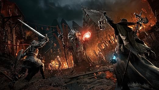 This image depicts an intense and dark fantasy battle scene. Two armored warriors, one wielding a sword and the other a massive hammer, confront a monstrous enemy adorned with spikes and holding a ball of fire. The environment is fiery and chaotic, with a medieval village burning in the background, engulfed in flames and darkness. The atmosphere is eerie, highlighting a high-stakes conflict.