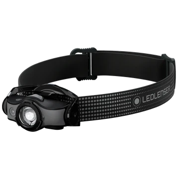 A black LED Lenser headlamp with an adjustable strap is shown at an angle. The strap features a dotted pattern and the "LED LENSER" branding. The headlamp unit has a central clear lens and buttons for operation, designed for hands-free illumination. The strap is adjustable, ensuring a secure and comfortable fit around the head.