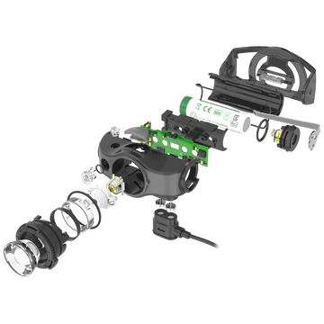 : An exploded view of a LED Lenser headlamp, showing all the internal components and how they fit together. The parts include the lens assembly, light housing, circuit board, battery, and charging port. Each component is displayed in sequence, highlighting the intricate design and assembly of the headlamp. The image provides a detailed look at the technology and engineering behind the device.