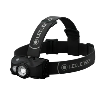  A black LED Lenser headlamp featuring an adjustable strap with the "LED LENSER" branding. The headlamp has a central light unit with a clear lens and buttons for operation. The strap is designed for comfortable wear around the head, making it suitable for hands-free illumination.