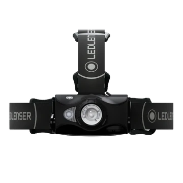 A front view of a black LED Lenser headlamp with an adjustable strap. The headlamp features a central light unit with a clear lens and operational buttons. The strap displays the "LED LENSER" branding and is designed to provide a secure and comfortable fit for hands-free lighting.