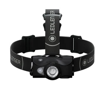 : A black LED Lenser headlamp shown from the front, featuring an adjustable strap with the "LED LENSER" branding. The central light unit has a clear lens and buttons for operation. The headlamp is designed for hands-free illumination, providing a secure and comfortable fit with its adjustable strap.