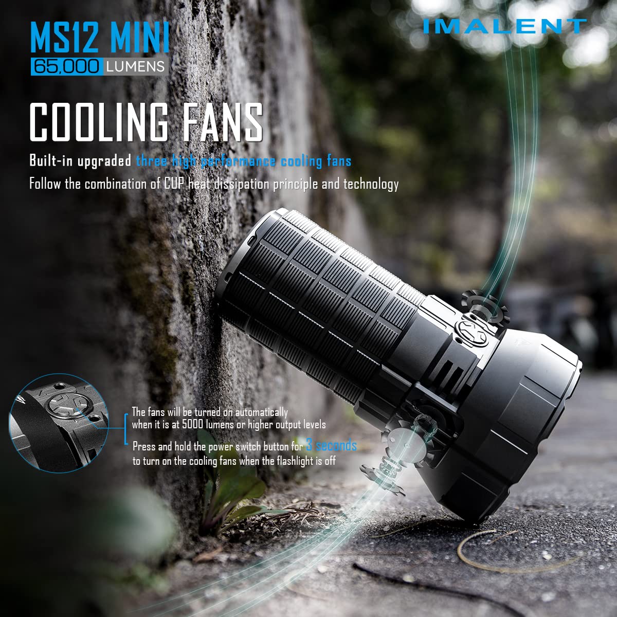 Promotional image for the IMALENT MS12 MINI flashlight, highlighting its cooling fans.