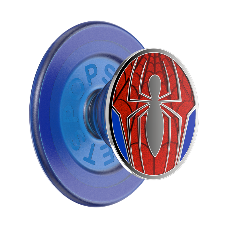  A PopSocket phone grip in its expanded state featuring a design inspired by Spider-Man. The top surface displays a red and blue spider web pattern with a stylized silver spider emblem in the center. The base of the PopSocket is blue and has the word "POPSOCKETS" embossed on it. The accordion-like structure of the PopSocket is visible, showing the combination of the blue base and the Spider-Man design on top