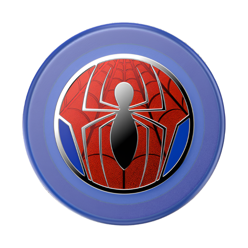  A top-down view of a PopSocket phone grip featuring a Spider-Man inspired design. The top surface displays a red and blue spider web pattern with a stylized silver spider emblem in the center. The base of the PopSocket is blue, framing the Spider-Man design prominently.