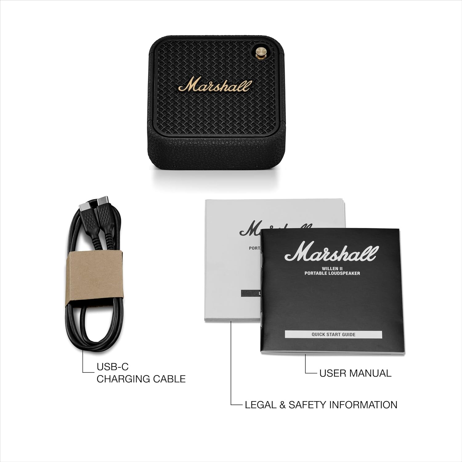 Marshall portable speaker package contents including the speaker, USB-C charging cable, user manual, and legal & safety information booklet.