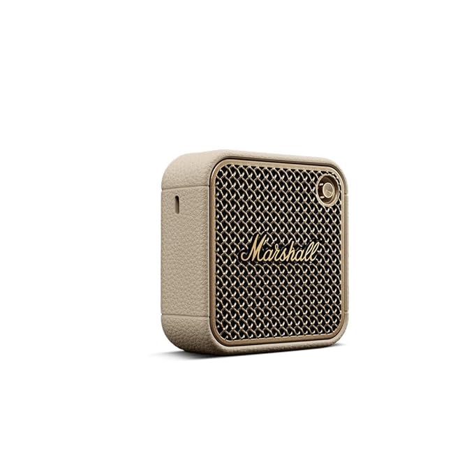 Marshall portable Bluetooth speaker with a vintage-inspired design and textured grille, ideal for high-quality audio on the go.