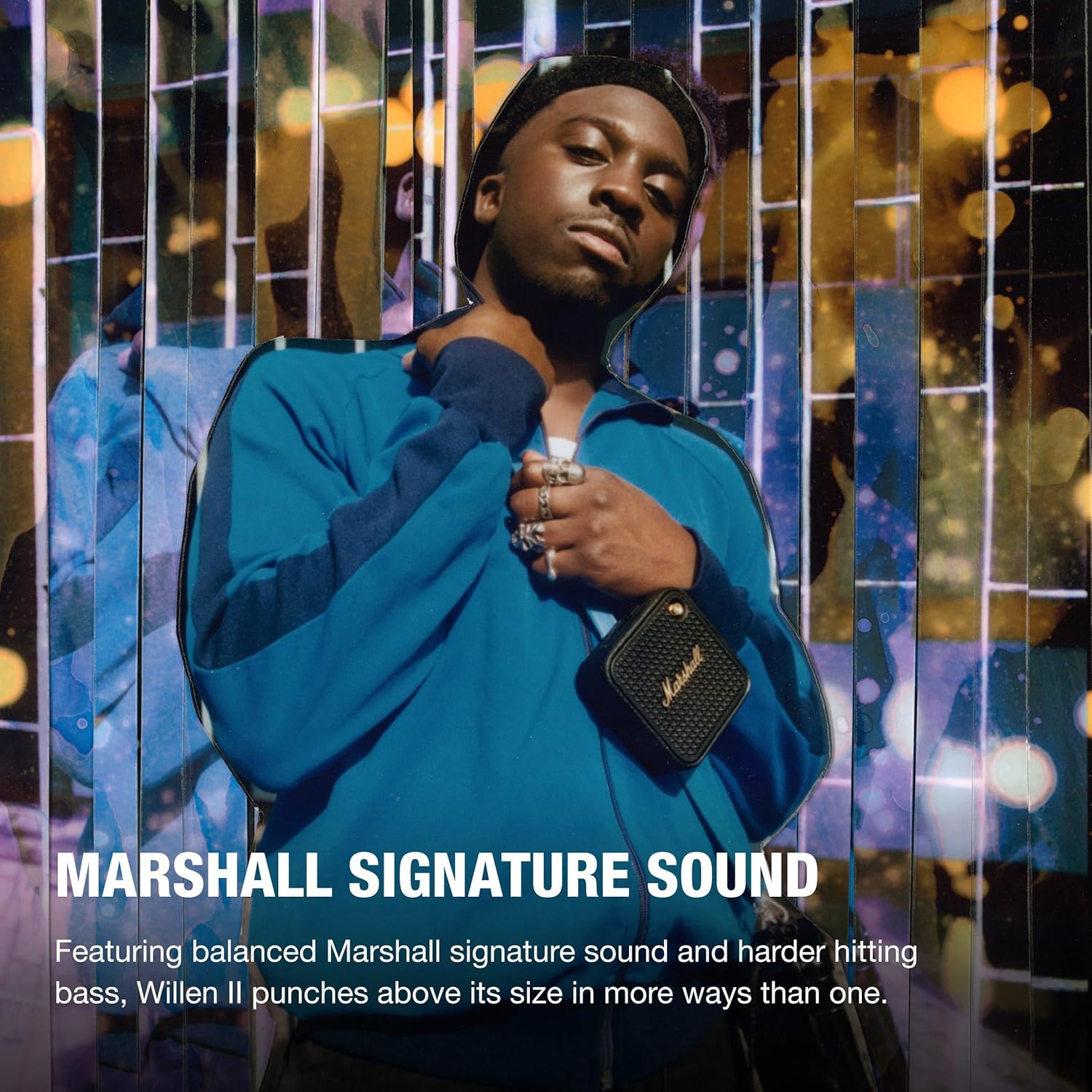 Marshall Willen II speaker highlighted for its signature sound, offering balanced audio and powerful bass, shown worn by a person for portability.