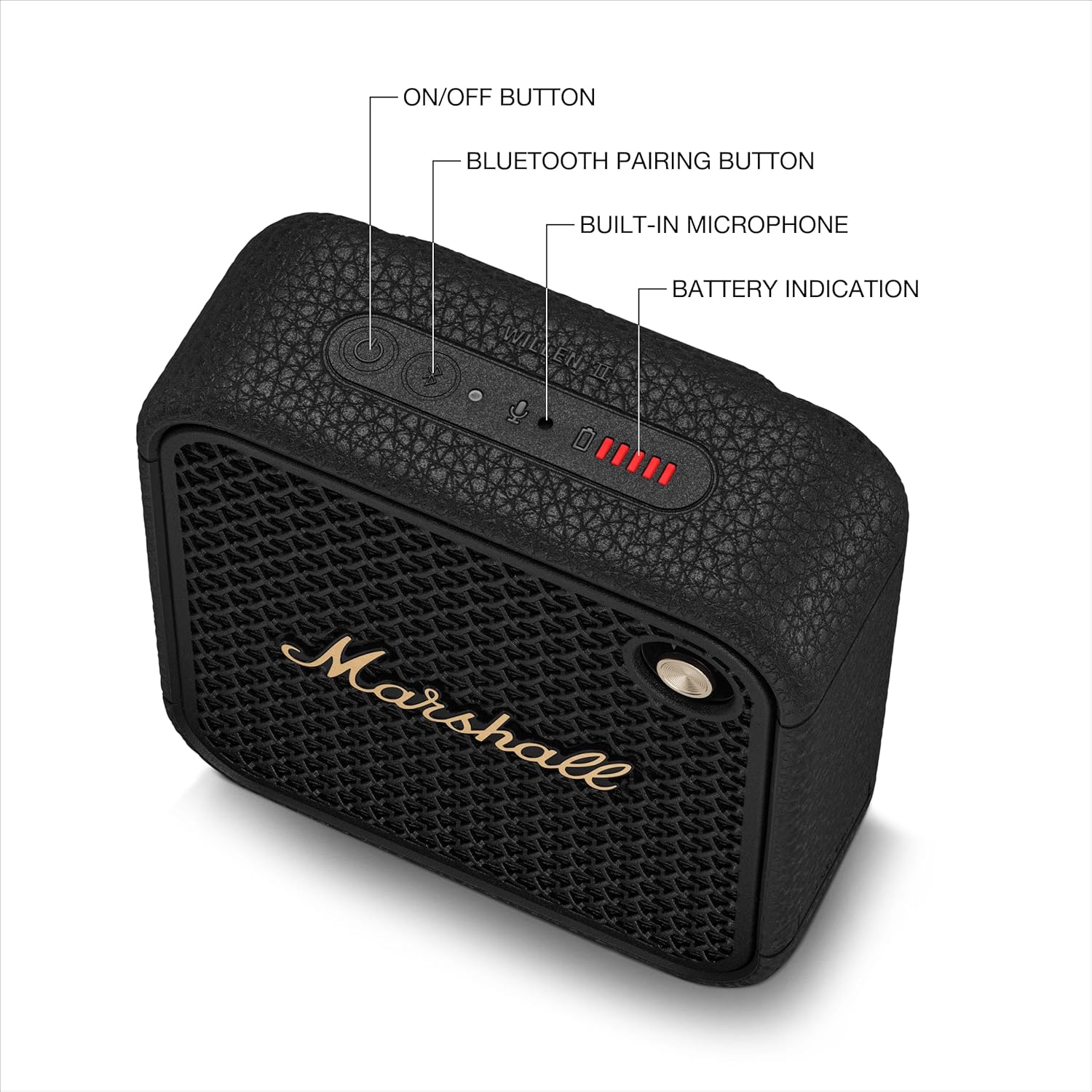 Marshall portable Bluetooth speaker with on/off button, Bluetooth pairing button, built-in microphone, and battery level indicator for convenient use.