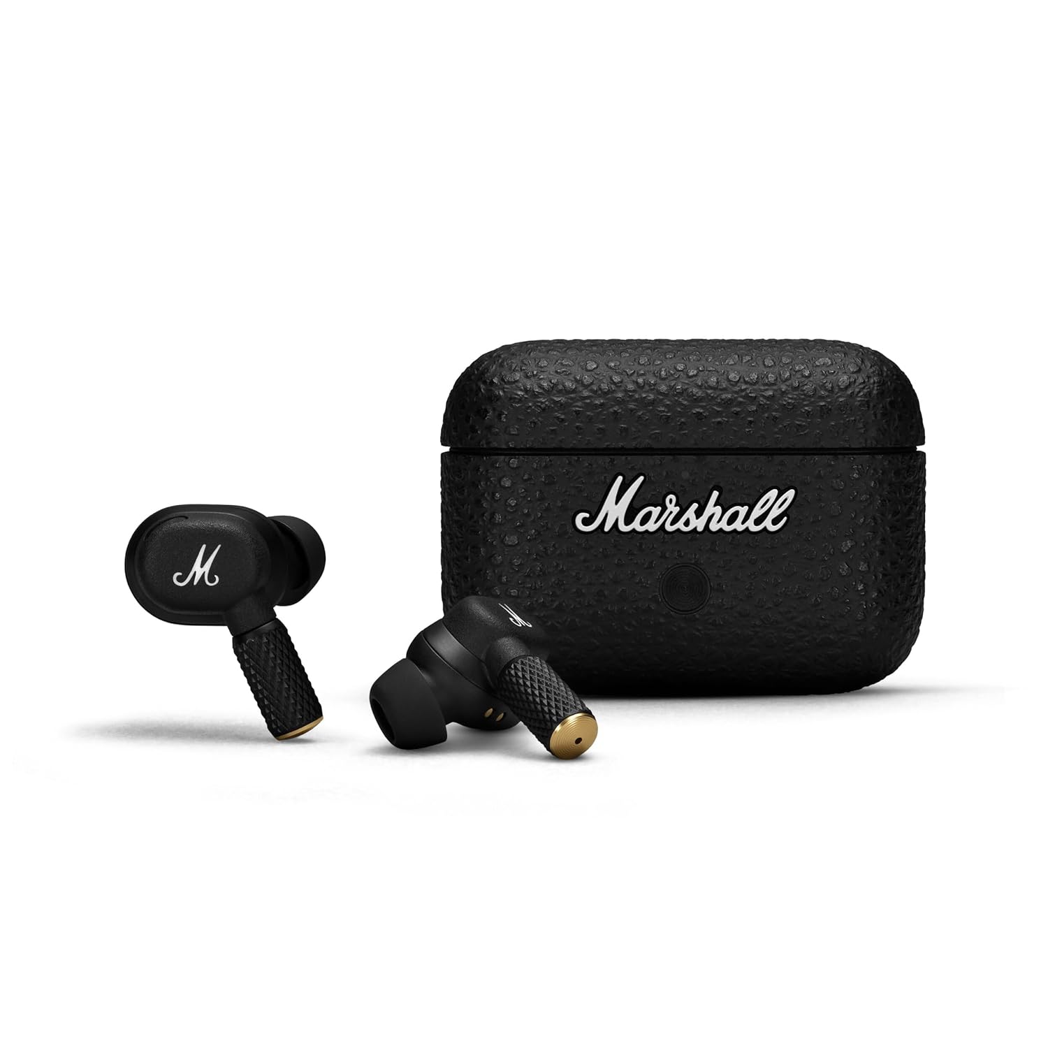 "Marshall Motif II A.N.C. True Wireless earbuds with textured charging case, offering premium sound quality and active noise cancellation."