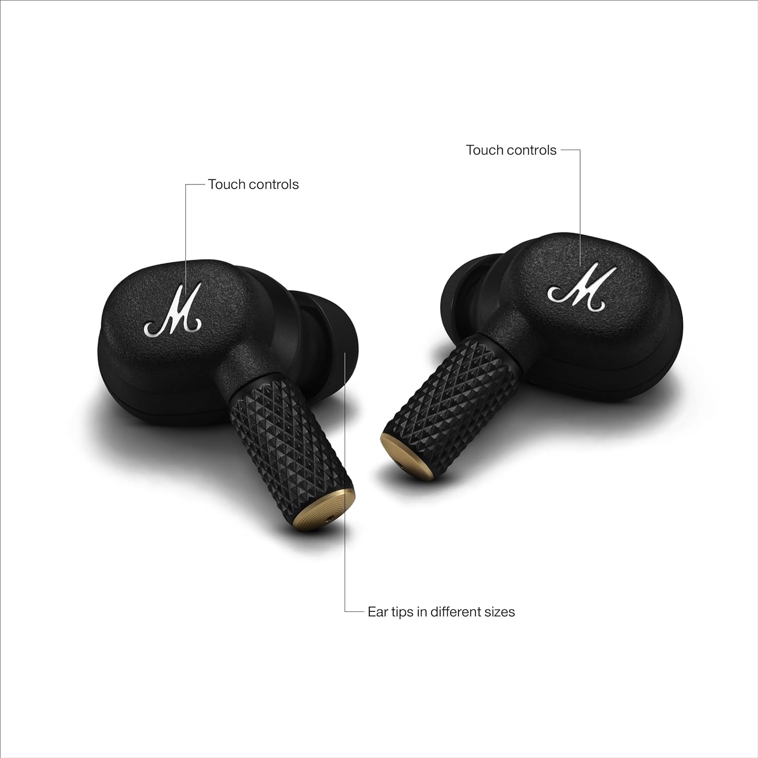 "Marshall Motif II A.N.C. True Wireless earbuds with touch controls and interchangeable ear tips, designed for premium audio experience and comfort."