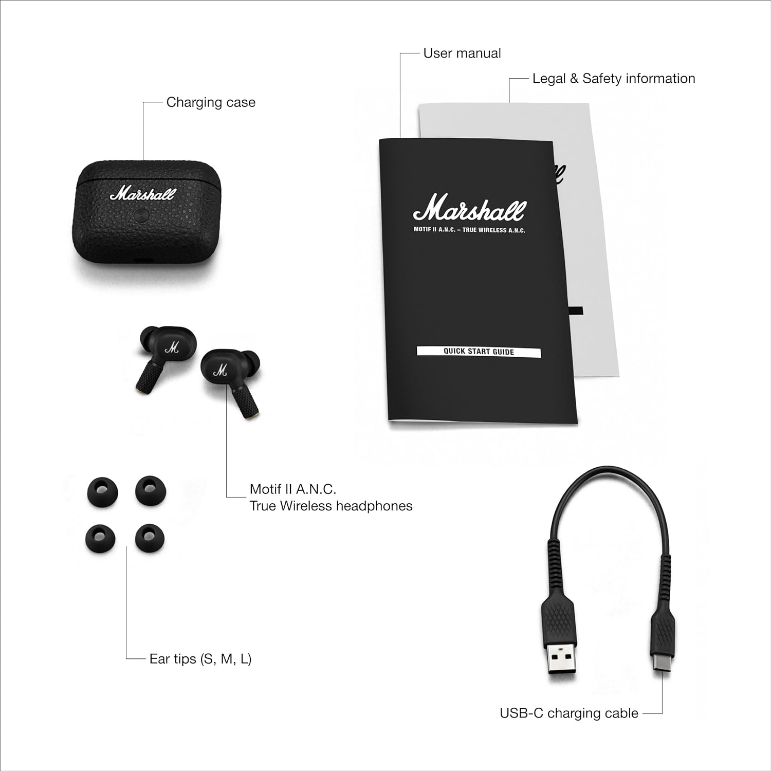 "Marshall Motif II A.N.C. True Wireless headphones unboxed with charging case, USB-C cable, ear tips, and user manuals, highlighting premium audio and noise-canceling features."