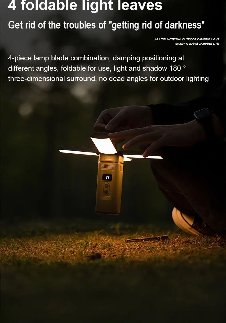 This image promotes a multi-functional outdoor camping light with the headline "4 foldable light leaves," emphasizing its versatile design. The light features a 4-piece lamp blade combination that can be positioned at different angles, providing 180-degree lighting coverage. The foldable design allows for compact storage and adaptability, ensuring no dead angles in outdoor lighting. The image portrays the light in use at dusk or dawn, highlighting its practicality for camping and outdoor activities by elimi