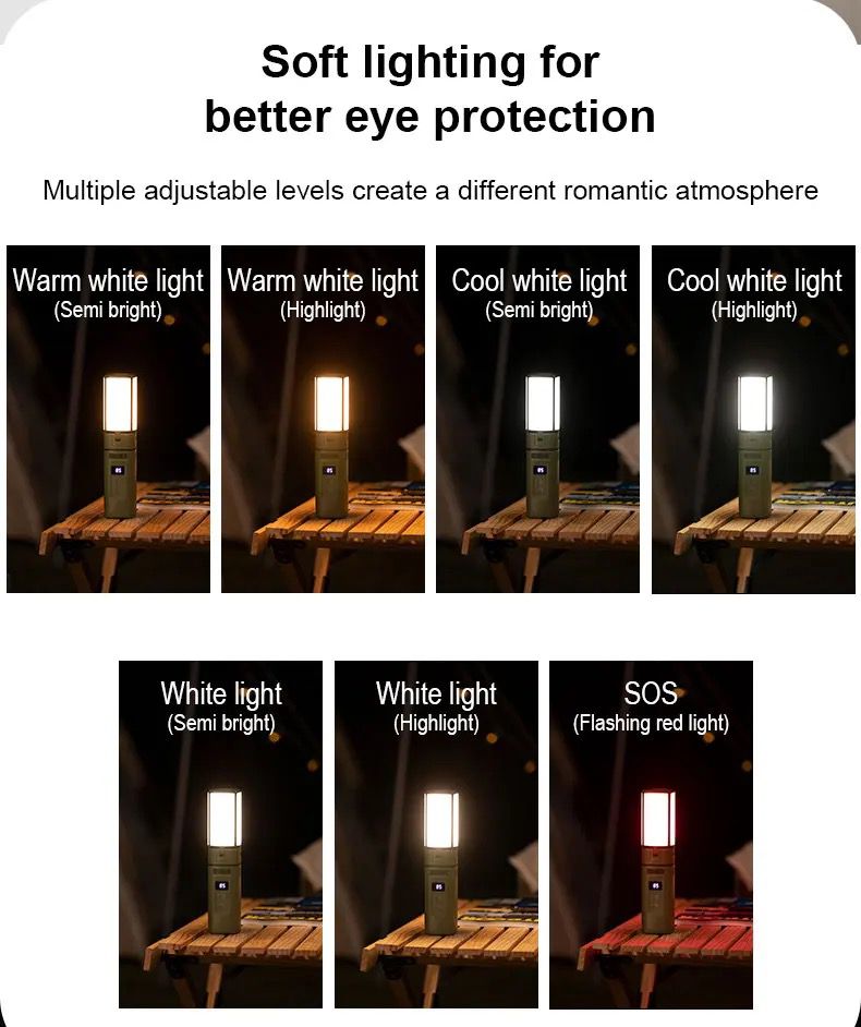 Warm white light (Semi bright): A soft, warm glow that provides a gentle ambiance. Warm white light (Highlight): A brighter, warm light ideal for more visibility while maintaining a cozy atmosphere. Cool white light (Semi bright): A cooler, softer light that provides clarity without being too harsh. Cool white light (Highlight): A bright, cool light for clear visibility in darker environments. White light (Semi bright): A neutral white light, offering balanced brightness. White light (Highlight): A strong w