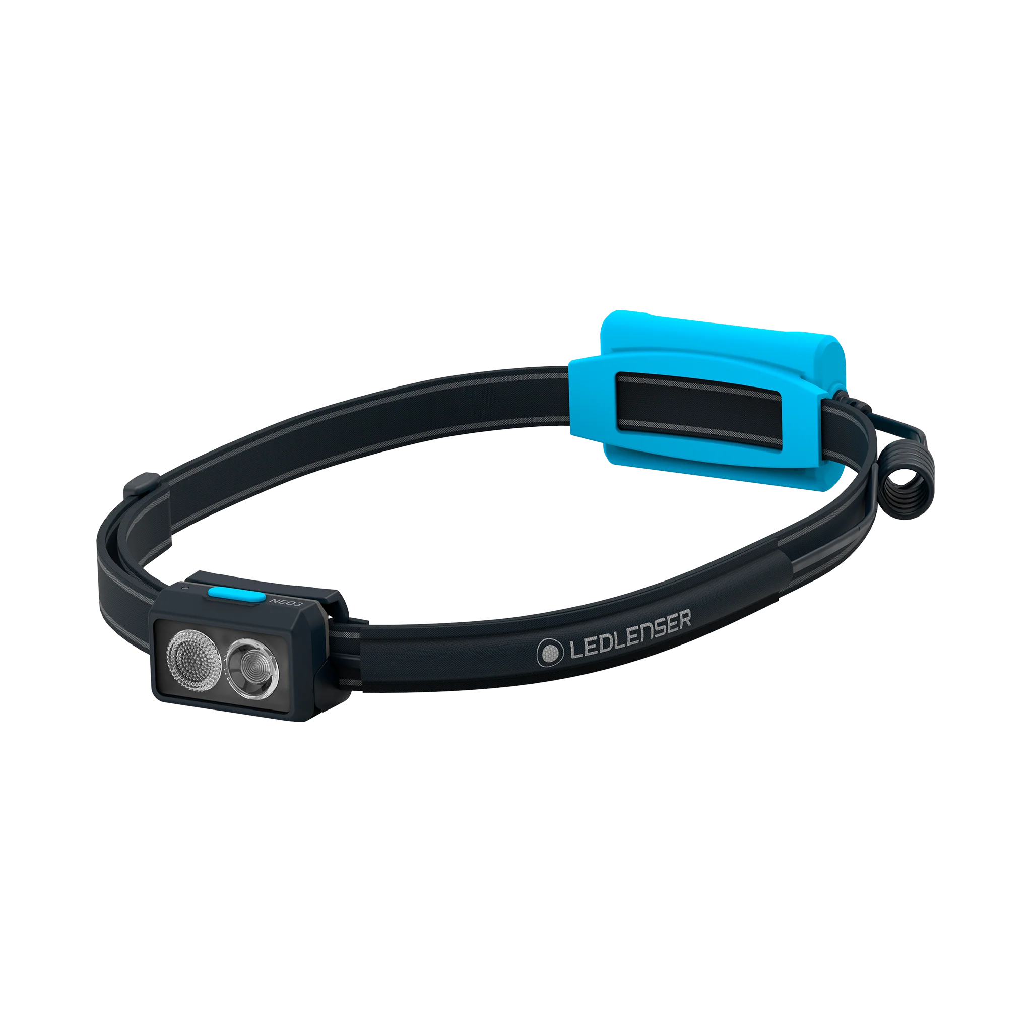 : A black LED Lenser headlamp with a blue battery pack and adjustment clips. The headlamp features dual LED lights in the front and a black adjustable strap with the LED Lenser logo. The blue accents provide a modern and stylish touch to the headlamp's functional design.