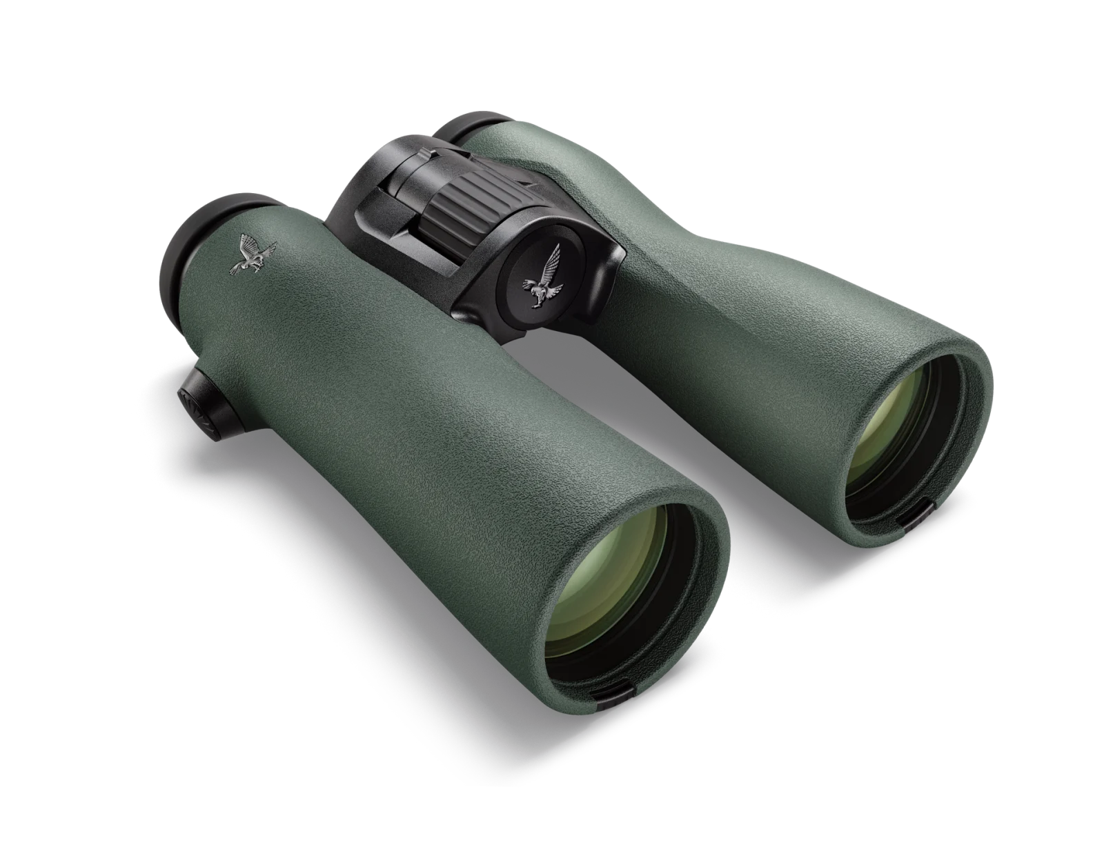 A perspective view of Swarovski Optik binoculars featuring textured green barrels, a black central focus wheel, and high-performance lenses with a premium design.